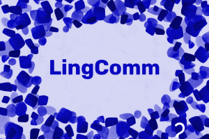 Text "LingComm" in blue surrounded by blue confetti and a small white Lingthusiasm logo in the bottom right corner